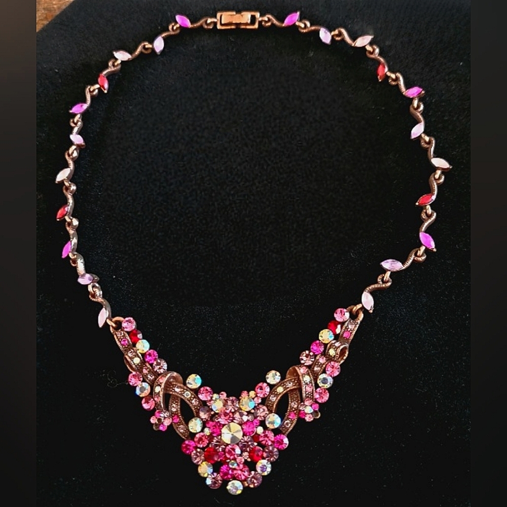 VINTAGE COPPER AND PINK/RAINBOW CRYSTAL BIB